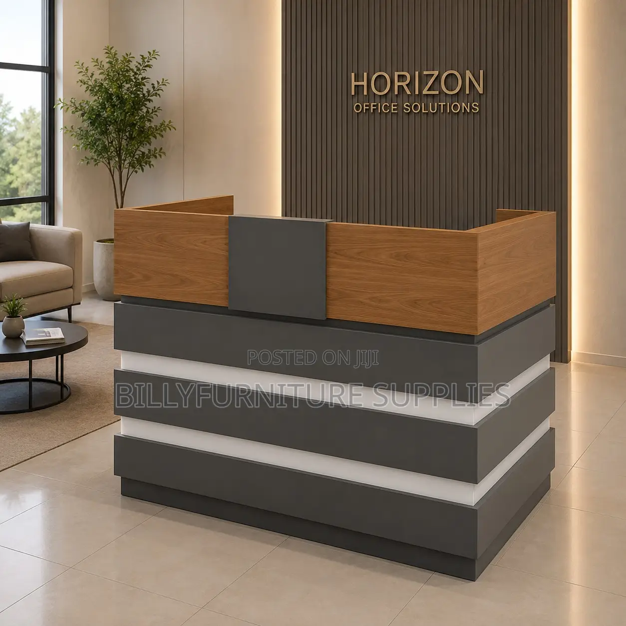 Wooden Counter & Grey Finish – Stylish Office Reception Space