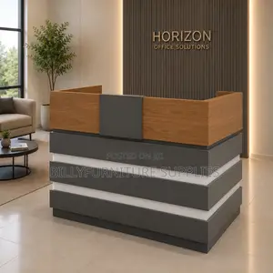 Wooden Counter & Grey Finish – Stylish Office Reception Space