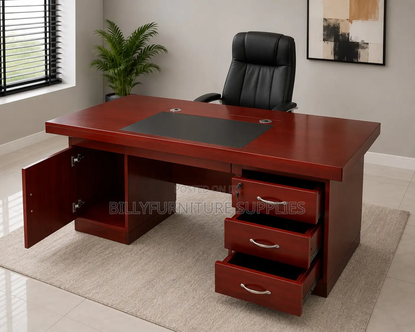 Executive Office Desk With 3 Lockable Drawers & Storage Cabinet