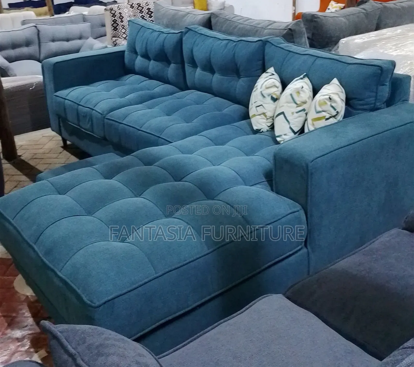 5-Seater L-Shaped Blue Sectional Sofa