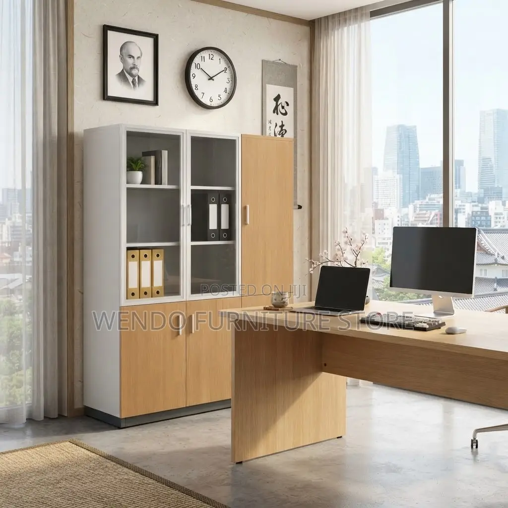 Office Cabinet; Brown Executive Storage Cabinet With Three Doors