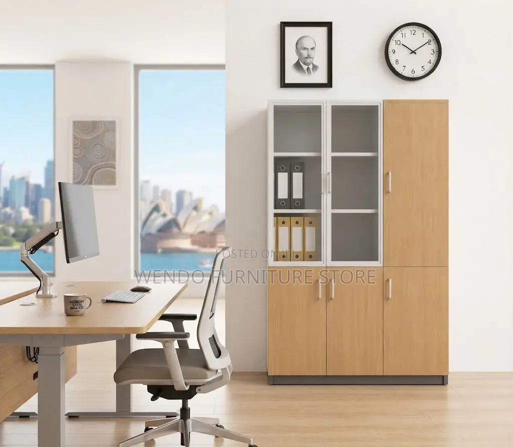 Office Cabinet; Brown Executive Storage Cabinet With Three Doors