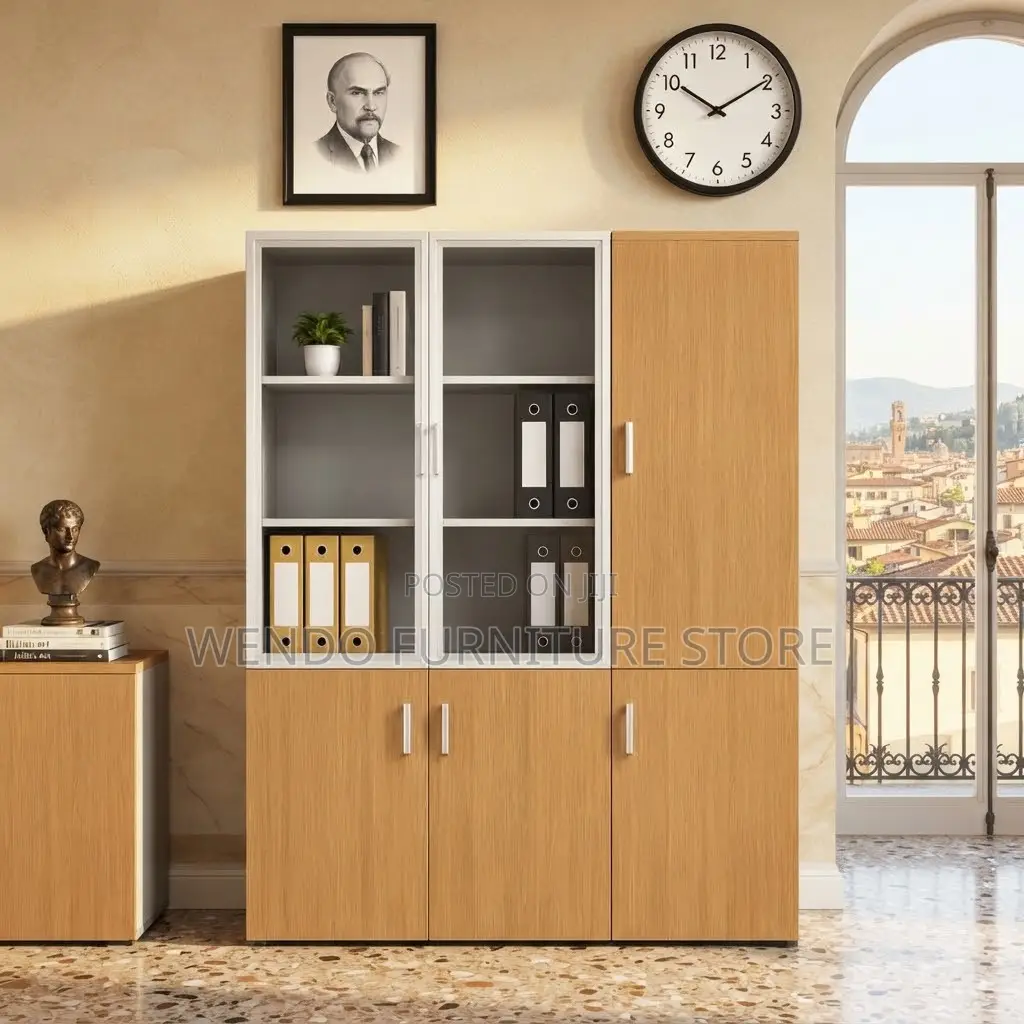 Office Cabinet; Brown Executive Storage Cabinet With Three Doors
