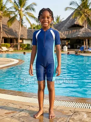 Unisex Navy Blue Short-Sleeve One-Piece Kids' Swimsuit