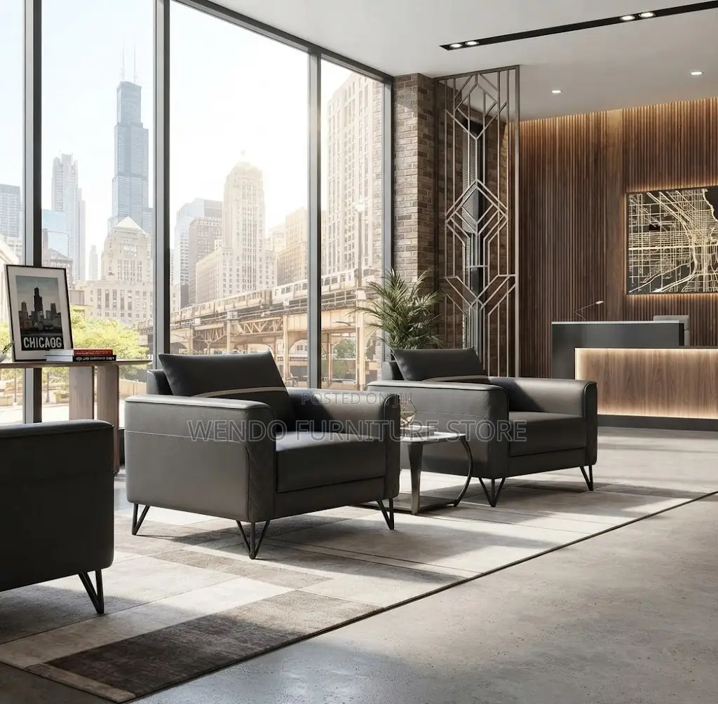Office Sofa; Gray Urban Leather Five Seaters Office Sofa Set