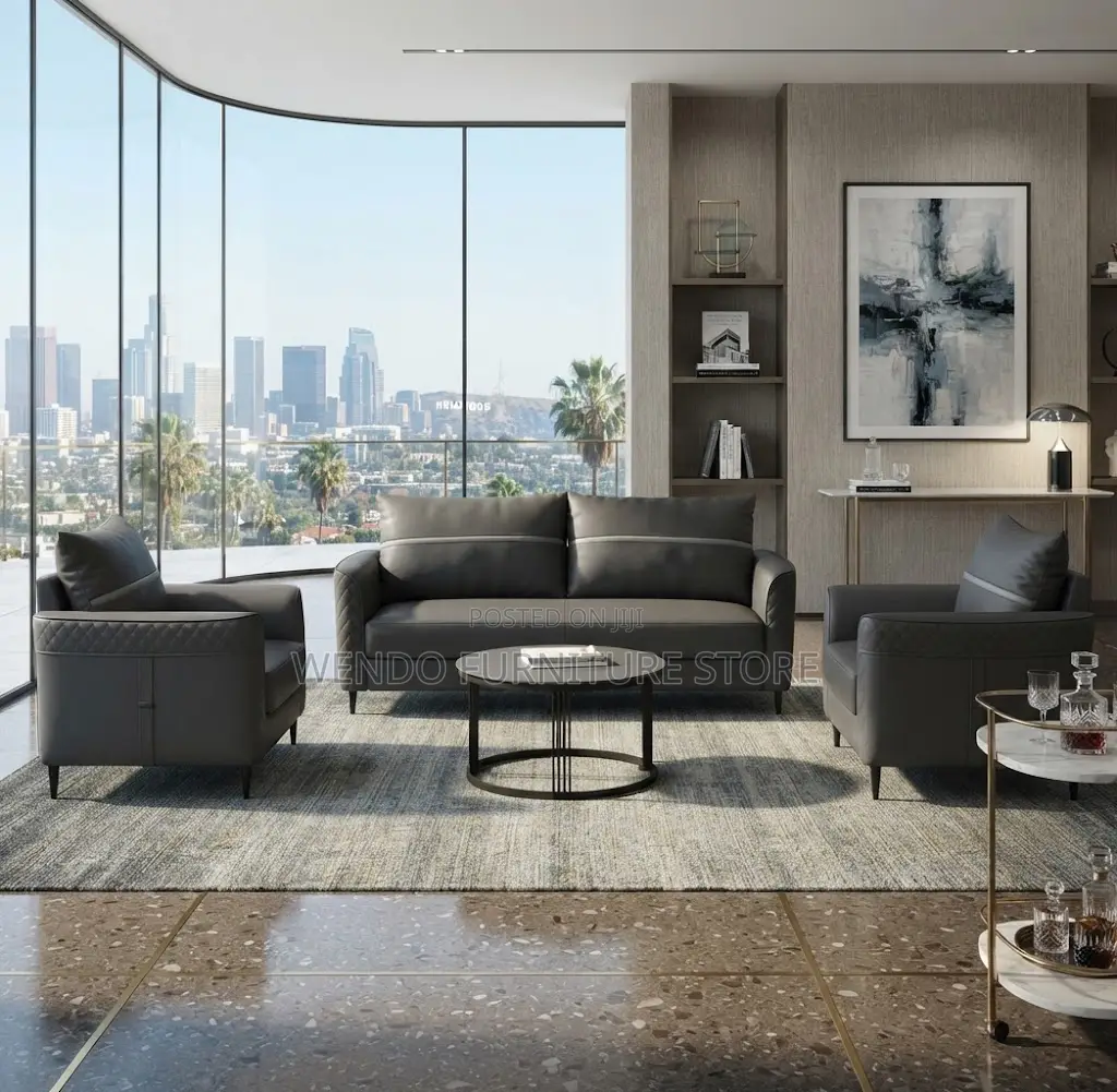 Office Sofa; Gray Urban Leather Five Seaters Office Sofa Set