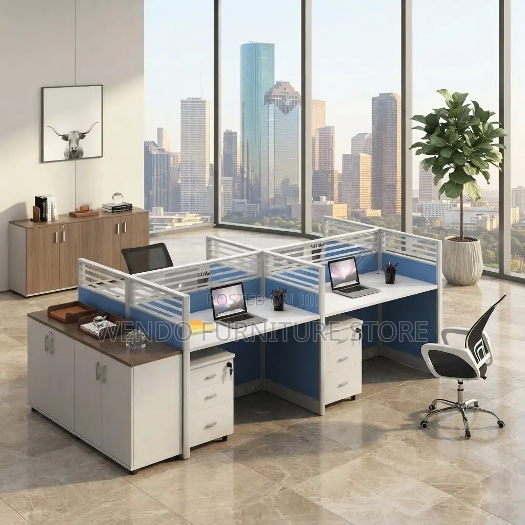 Office Workstation; Blue Four Users Modern Office Employee Workstation