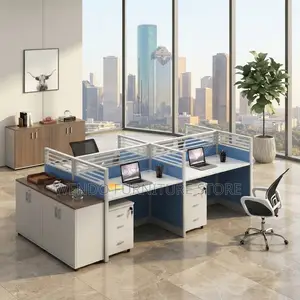 Office Workstation; Blue Four Users Modern Office Employee Workstation