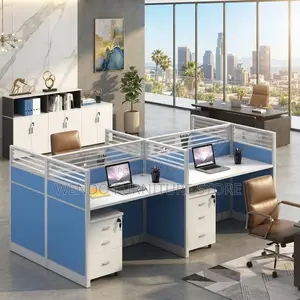 Office Workstation; Blue Four Users Modern Office Employee Workstation