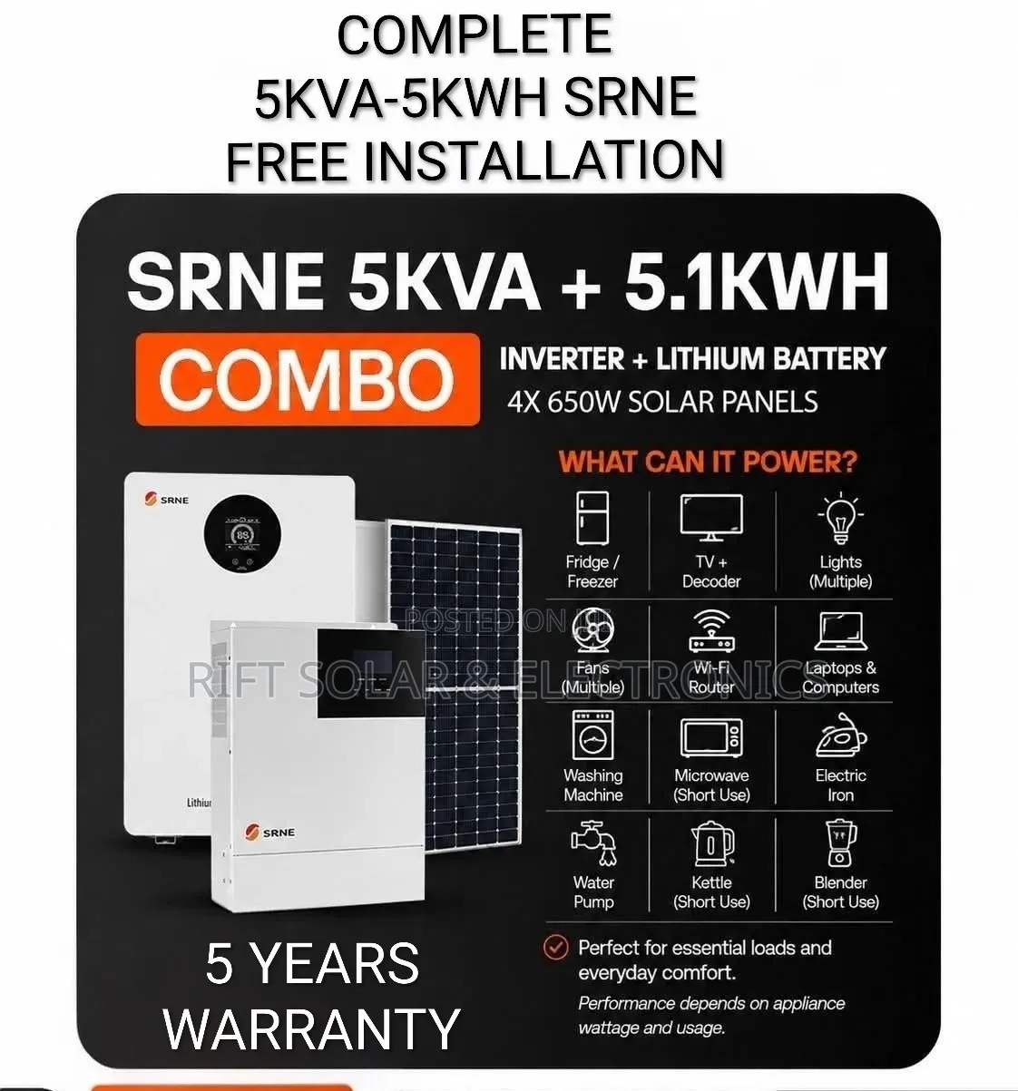 SRNE 5kva - 5.12kwh Lithium - (4)650W Solar Kit - Free Installation