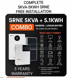 SRNE 5kva - 5.12kwh Lithium - (4)650W Solar Kit - Free Installation