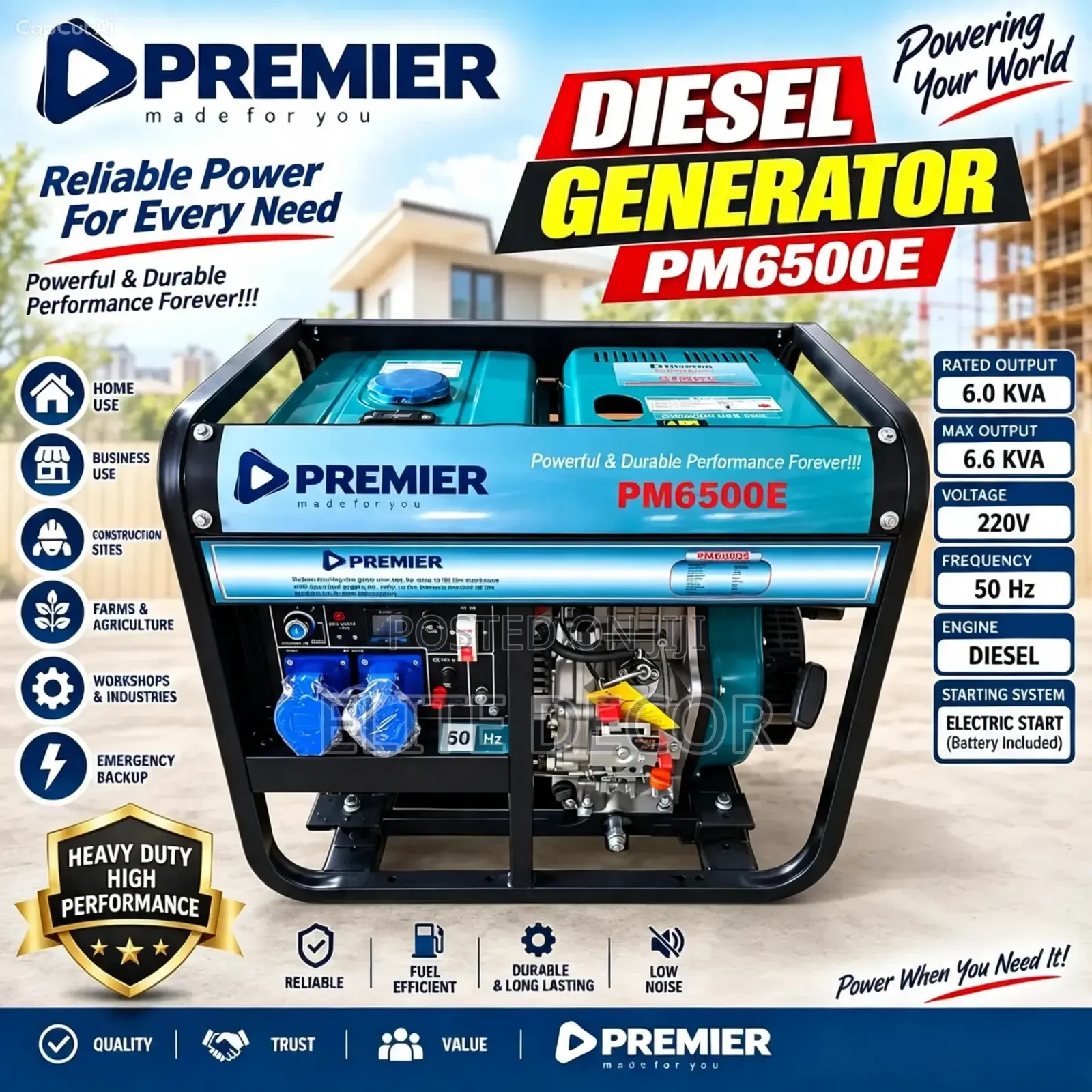 Premier PM6500E 6.6KVA Diesel Generator – Electric Start