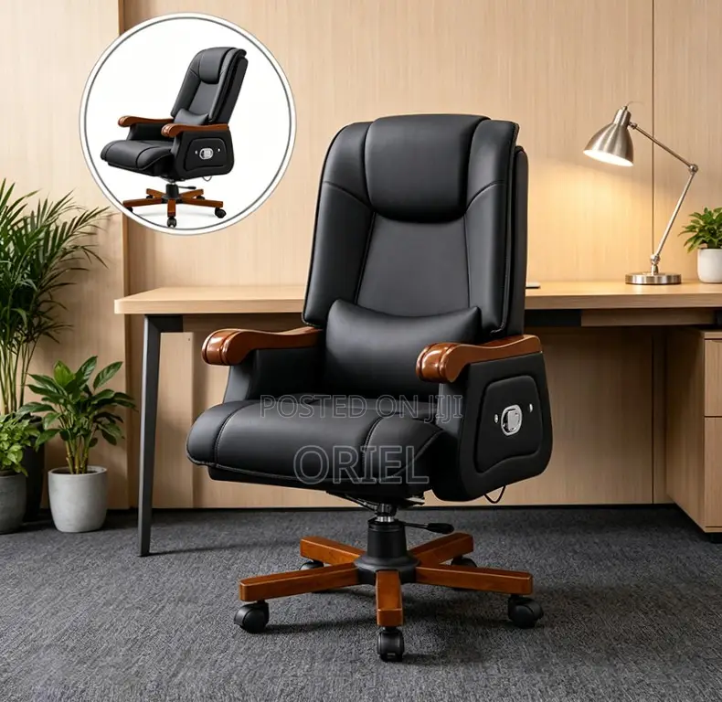 Office Chair : Luxury Solid Wood Frame Swivel Leather Chair