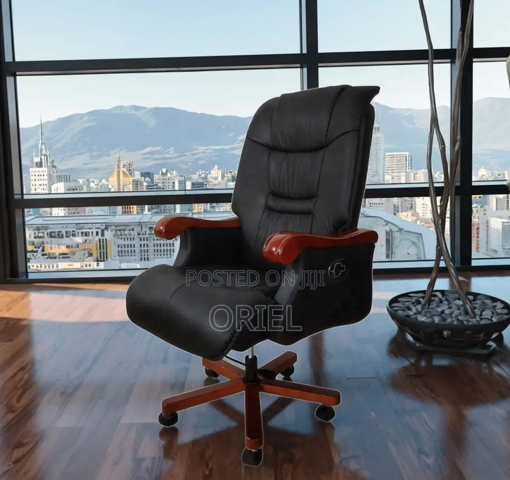 Office Chair : Luxury Solid Wood Frame Swivel Leather Chair