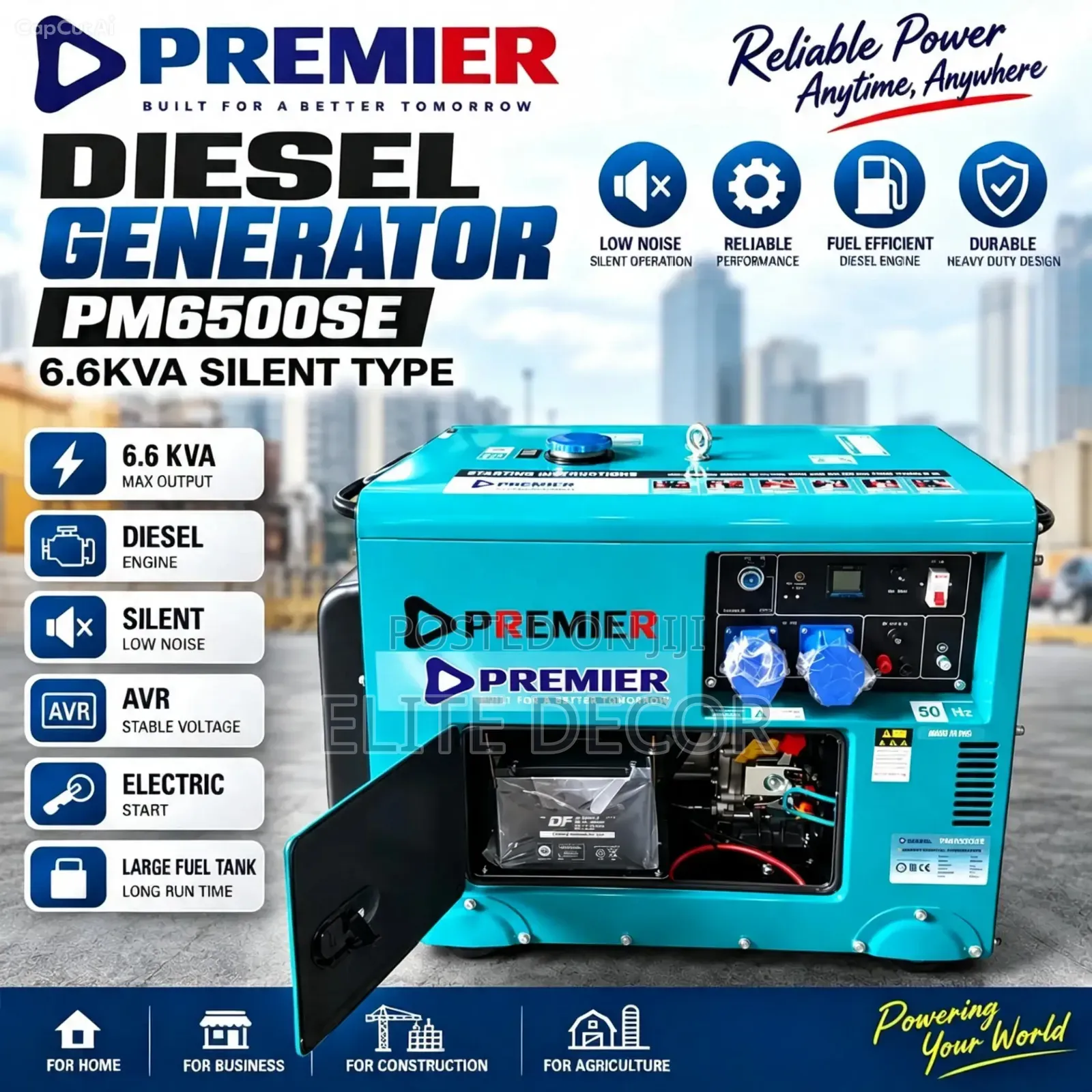 Premier PM6500SE 6.6KVA Silent Diesel Generator – Electric Start