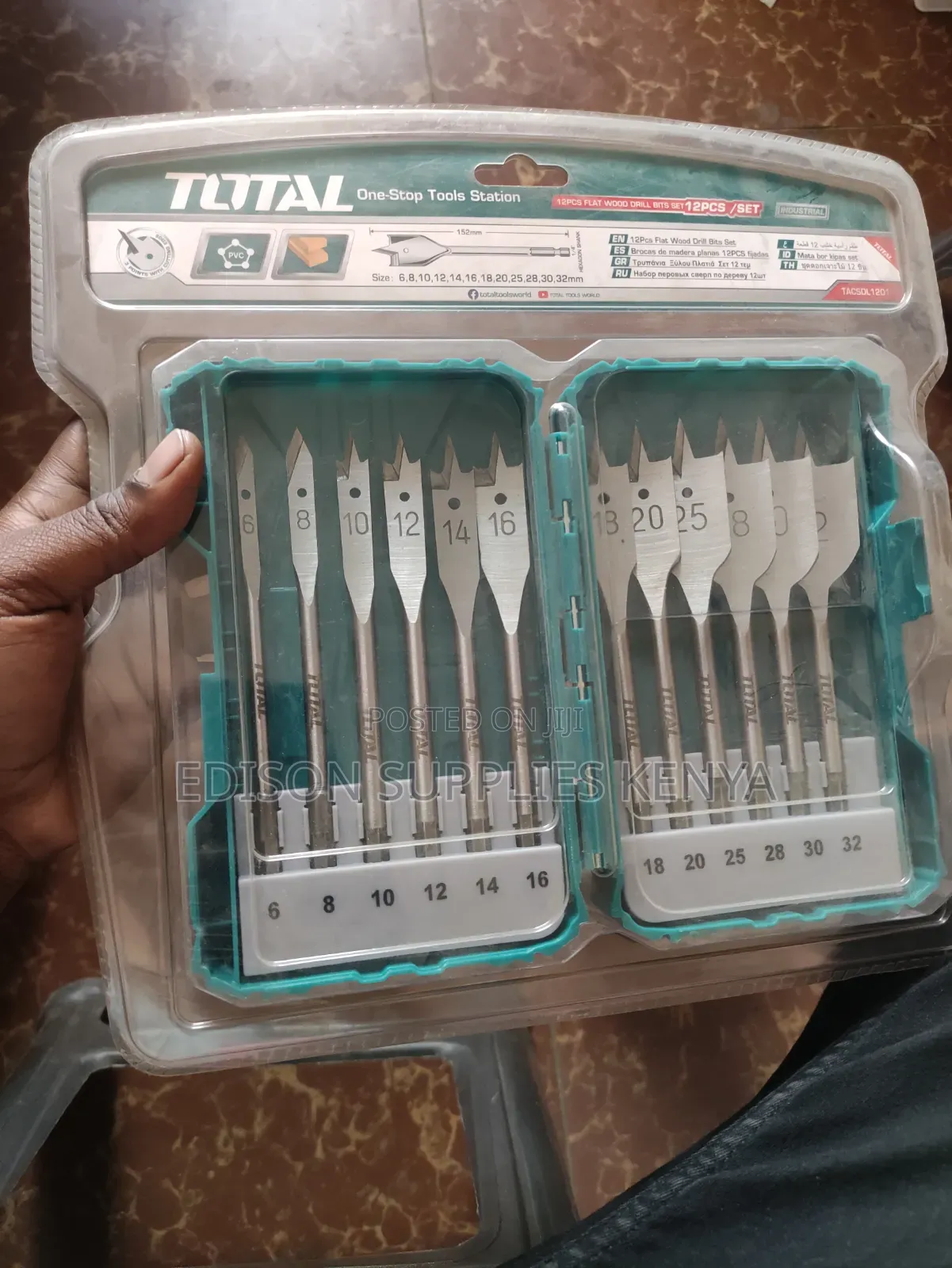 Total 12pcs Flat Wood Drill Bits 1/4” Hex 152mm, Spade Bits
