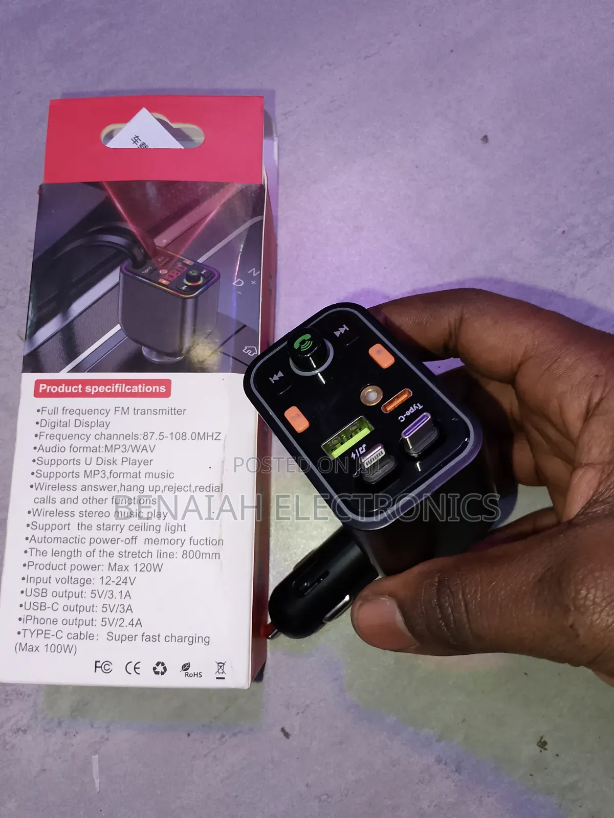 Car Fast Charger(120 Watts)with Type C and iPhone Cables, Music Player