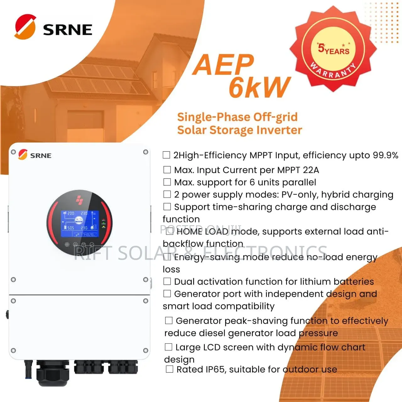 SRNE IP65 Rated Hybrid 6kva - 48v Single Phase Inverter