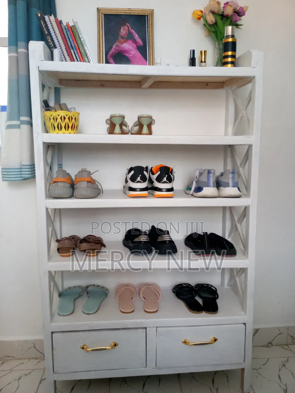 Shoe Rack ,White in Colour,has Two Drawers That You Can Store Socks