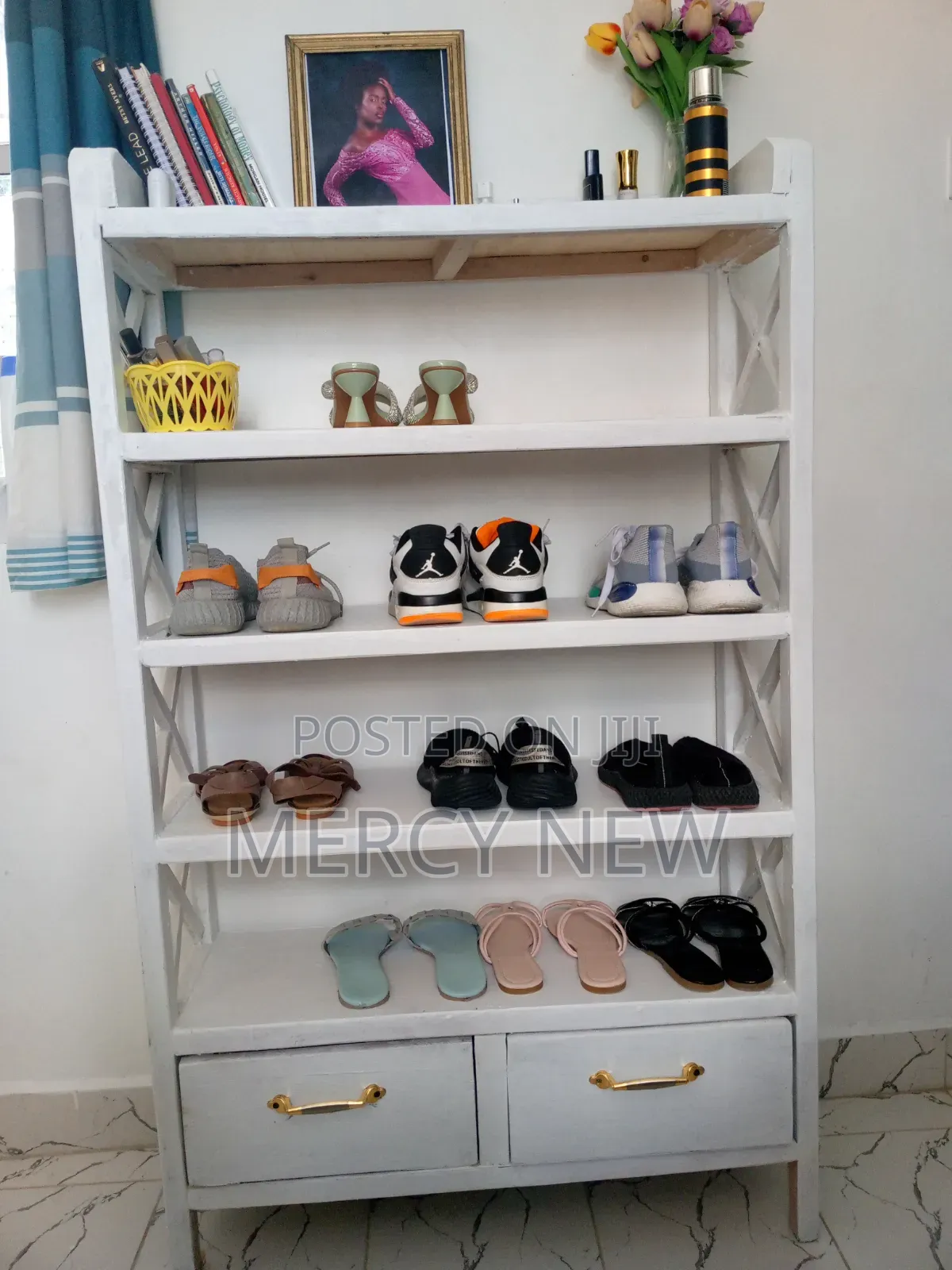 Shoe Rack ,White in Colour,has Two Drawers That You Can Store Socks