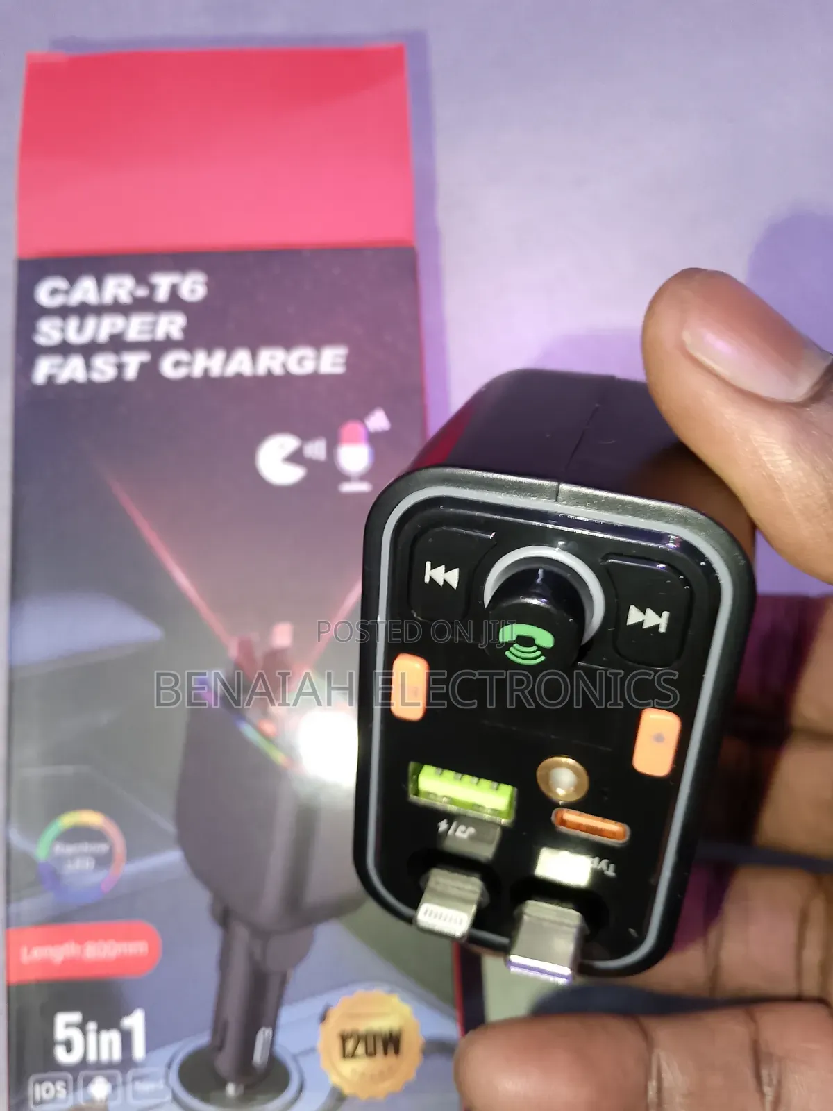 Car Fast Charger Modulator Type C & iPhone Attached Cables (120 Watts)