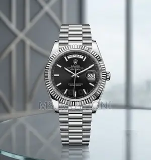 Silver Rolex Day-Date Watch With a Black Dial, Ft Iconic Fluted Bezel