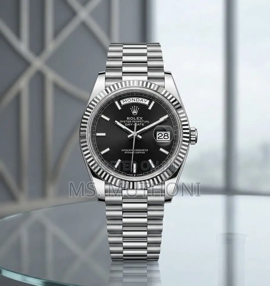 Silver Rolex Day-Date Watch With a Black Dial, Ft Iconic Fluted Bezel