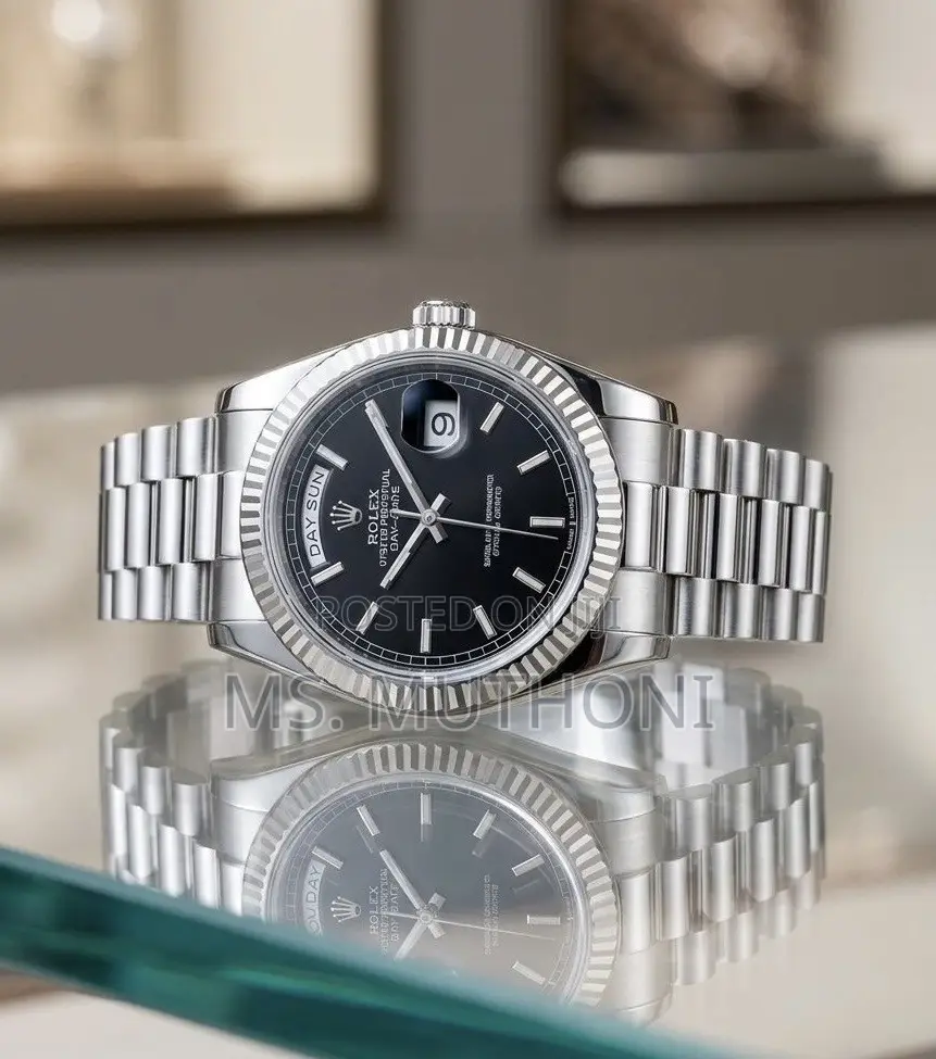 Silver Rolex Day-Date Watch With a Black Dial, Ft Iconic Fluted Bezel