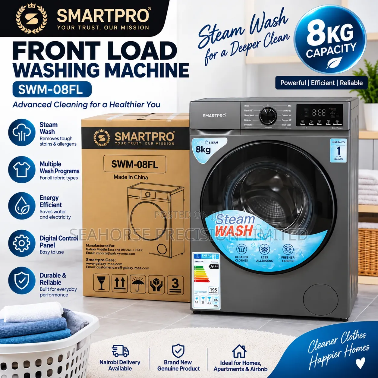 SmartPro Front Load Washing Machine – 8KG Steam Wash