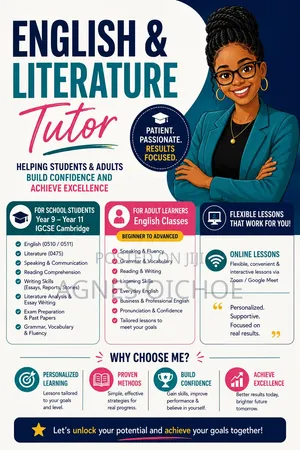 English Literature Tutor (Online Homeschool) IGCSE, Adult Classes