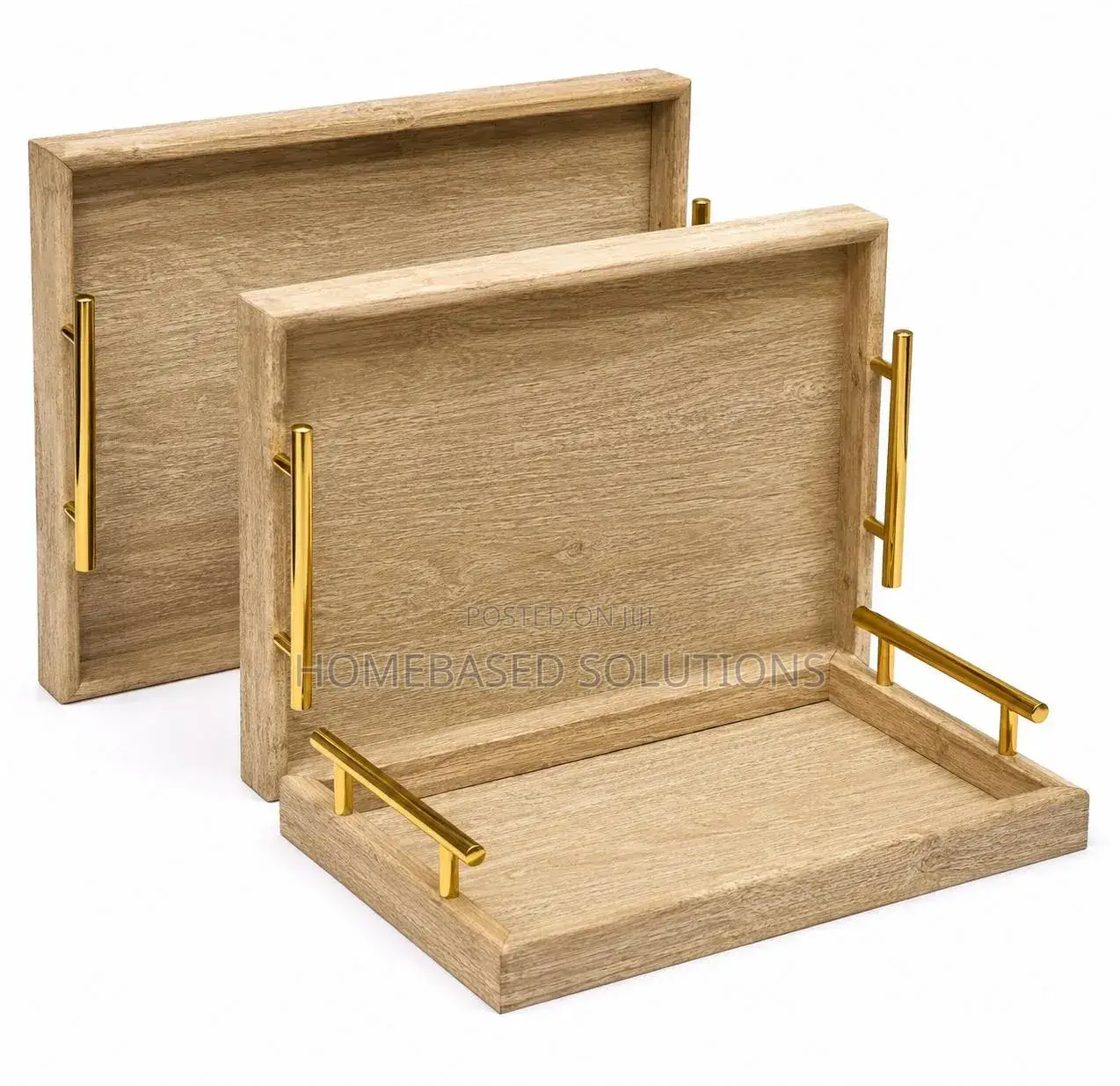 3pcs Bamboo Serving Tray With Gold Polished Handles