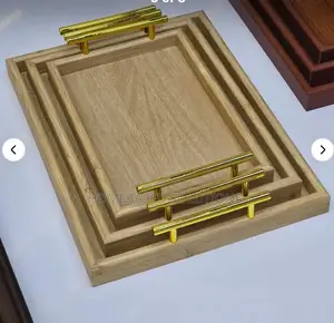 3pcs Bamboo Serving Tray With Gold Polished Handles