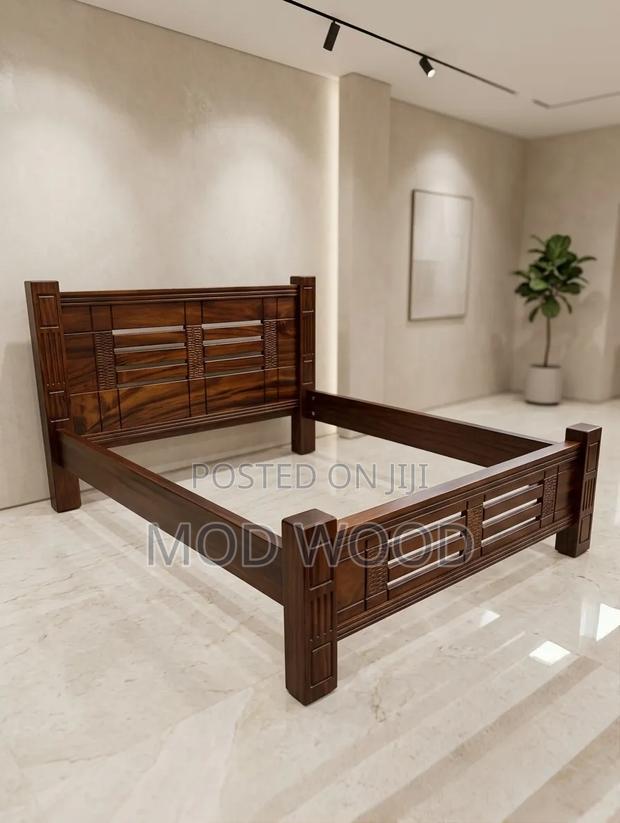 5ft by 6ft Solid Wood Bed Frame With Slatted Geometric Carvings