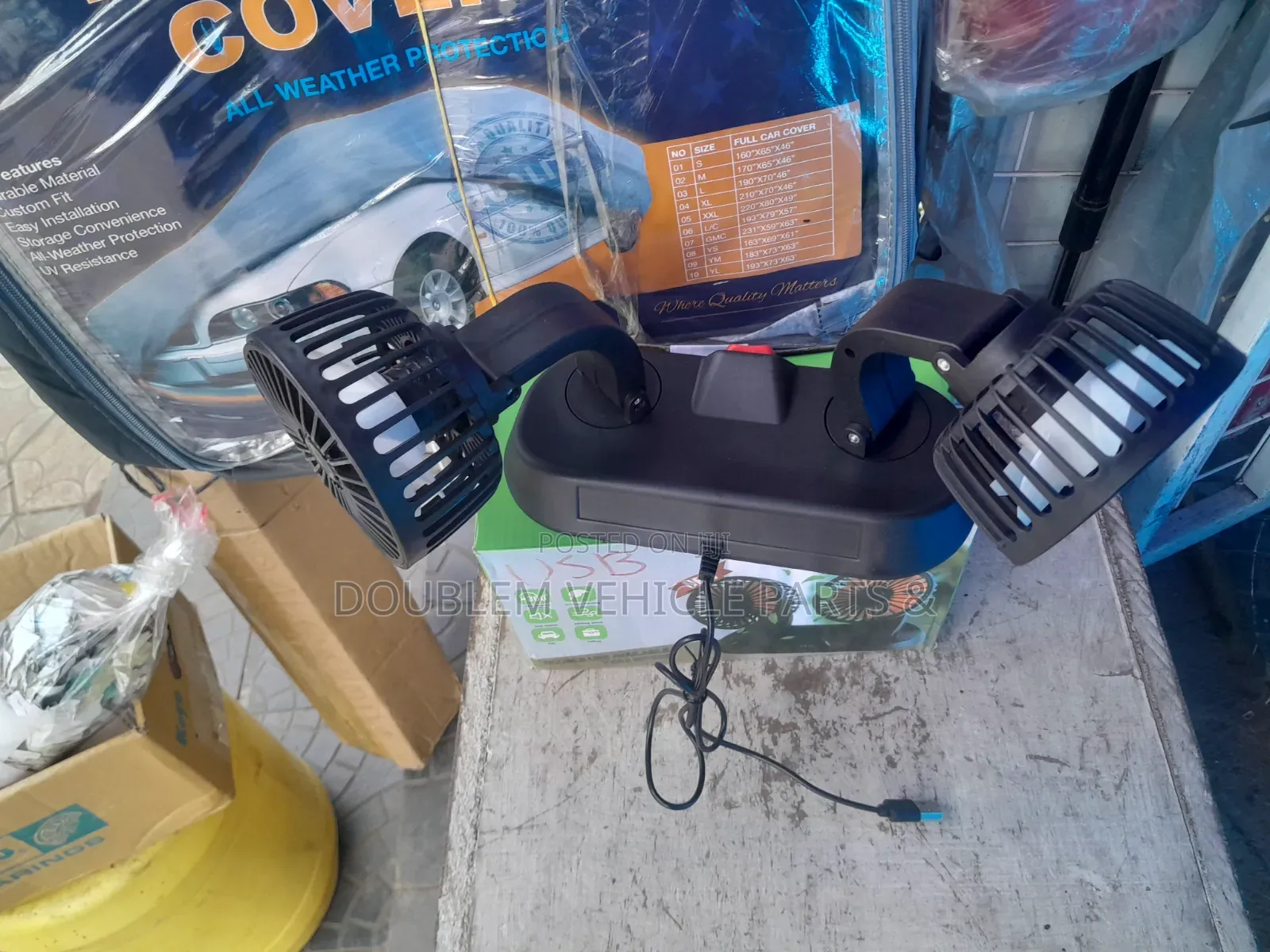 USB 2in1Double Headed Car Fan Rotating 3600 Removes Mist/Cools Hot Air