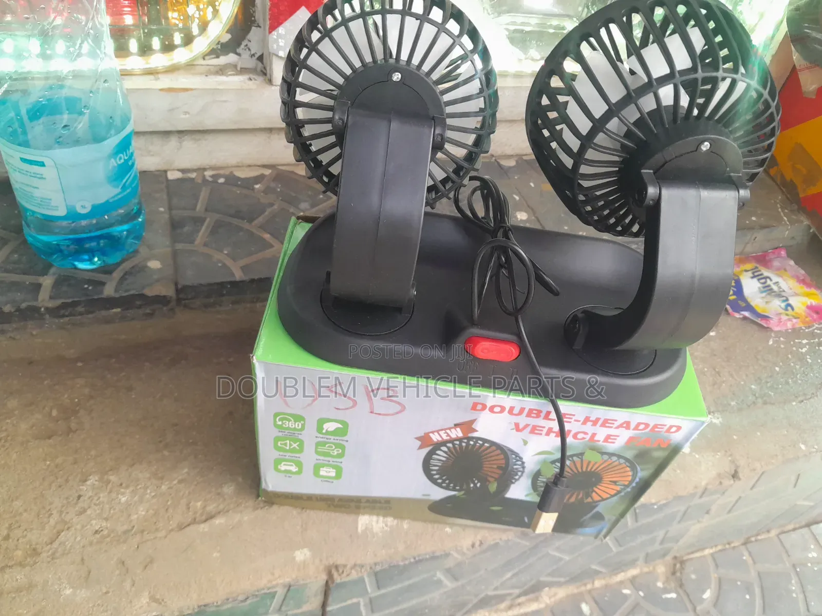 USB 2in1Double Headed Car Fan Rotating 3600 Removes Mist/Cools Hot Air