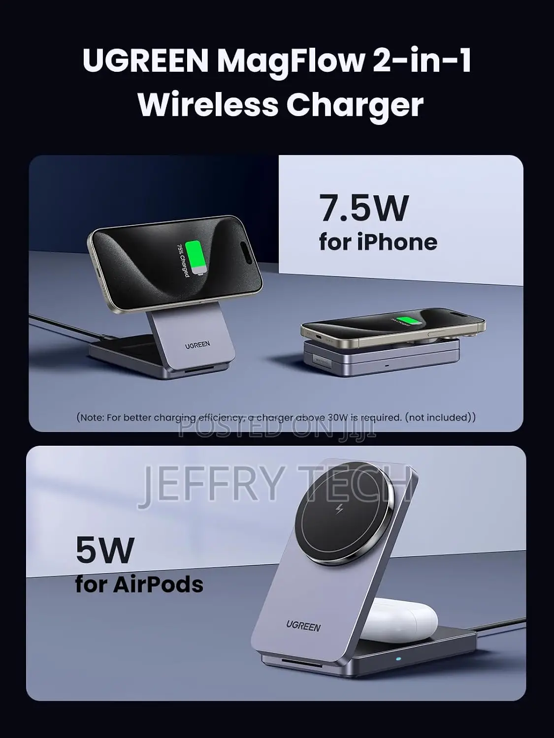 UGREEN MagFlow Wireless Charger 15W, 2 in 1 Magnetic Charging Station