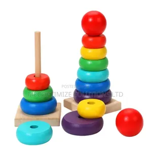 Montessori Wooden Rainbow Stacking Ring Tower for Kids - Geometric Toy