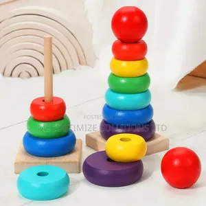 Montessori Wooden Rainbow Stacking Ring Tower for Kids - Geometric Toy