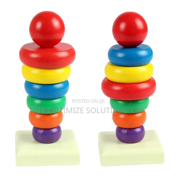 Montessori Wooden Rainbow Stacking Ring Tower for Kids - Geometric Toy