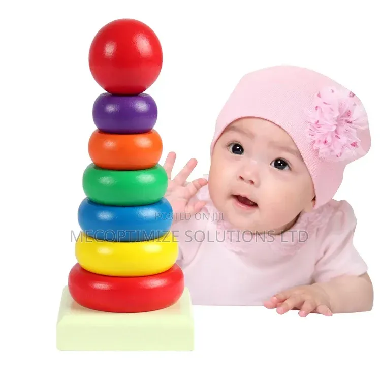 Montessori Wooden Rainbow Stacking Ring Tower for Kids - Geometric Toy