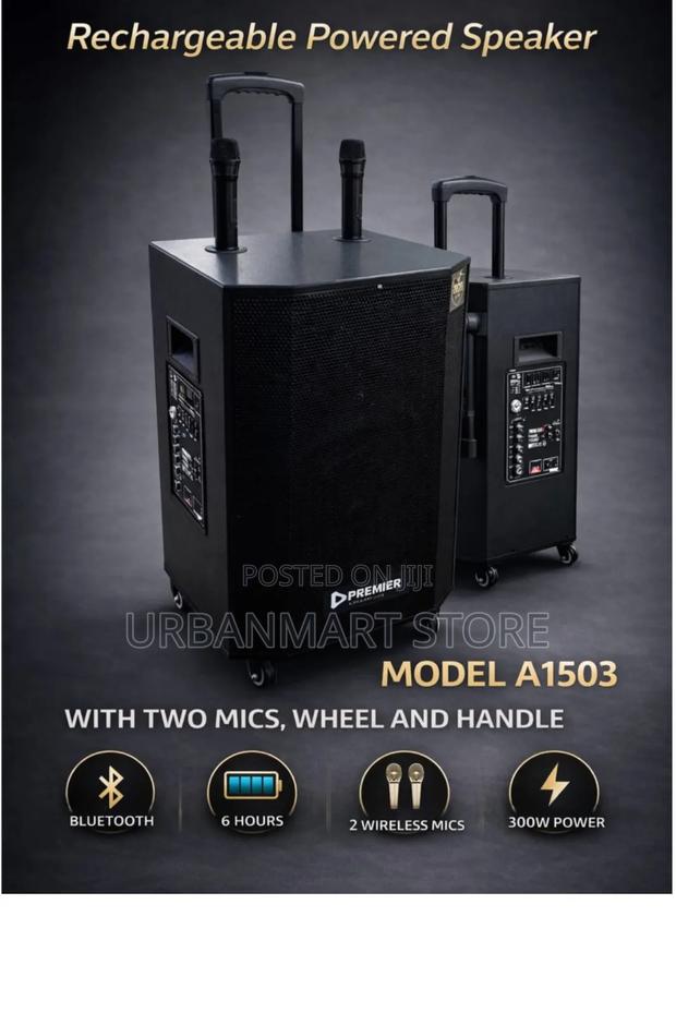 Premier 15 Inches 300W Rechargeable Trolley Party Speaker,2 Mics