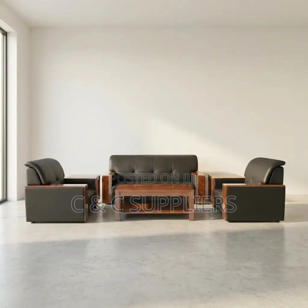 5-Seater Leather Sofa Set With Mahogany Armrest