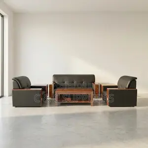 5-Seater Leather Sofa Set With Mahogany Armrest