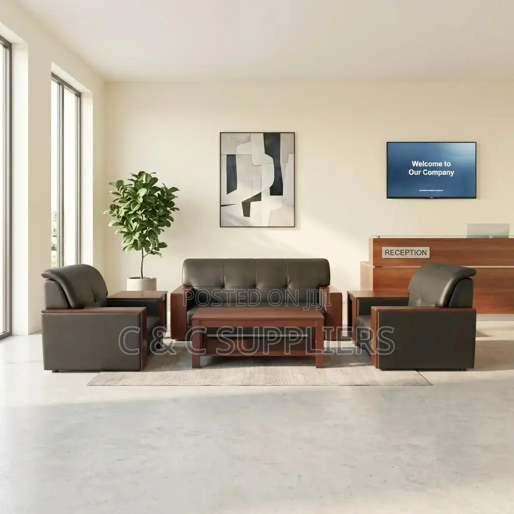 5-Seater Leather Sofa Set With Mahogany Armrest