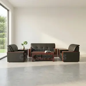 5-Seater Leather Sofa Set With Mahogany Armrest