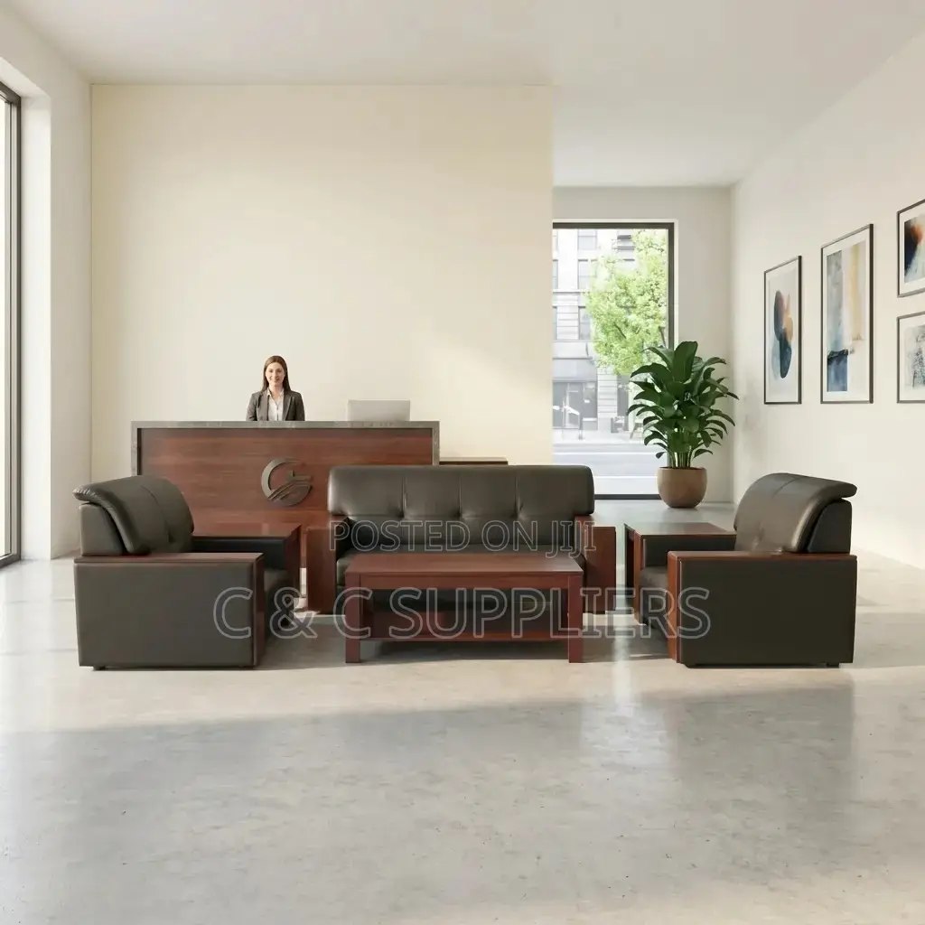 5-Seater Leather Sofa Set With Mahogany Armrest