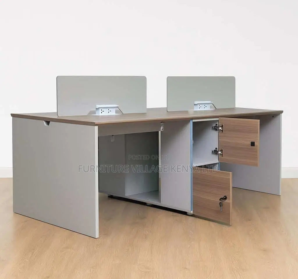 Workstation; 4 Way Brown Modern Imported Office Workstation Desk