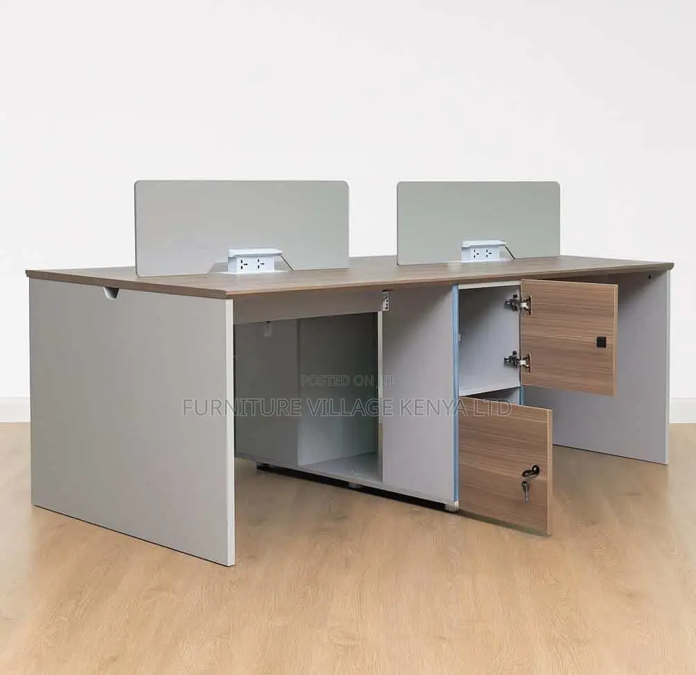 Workstation; 4 Way Brown Modern Imported Office Workstation Desk