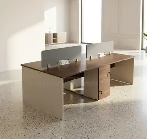 Workstation; 4 Way Brown Modern Imported Office Workstation Desk