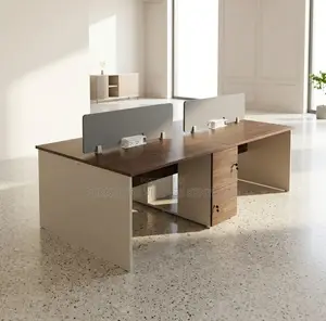 Workstation; 4 Way Brown Modern Imported Office Workstation Desk